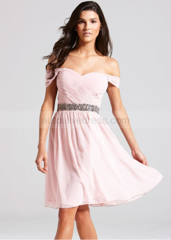 Off Shoulder Chiffon Beads Short Prom Dress 